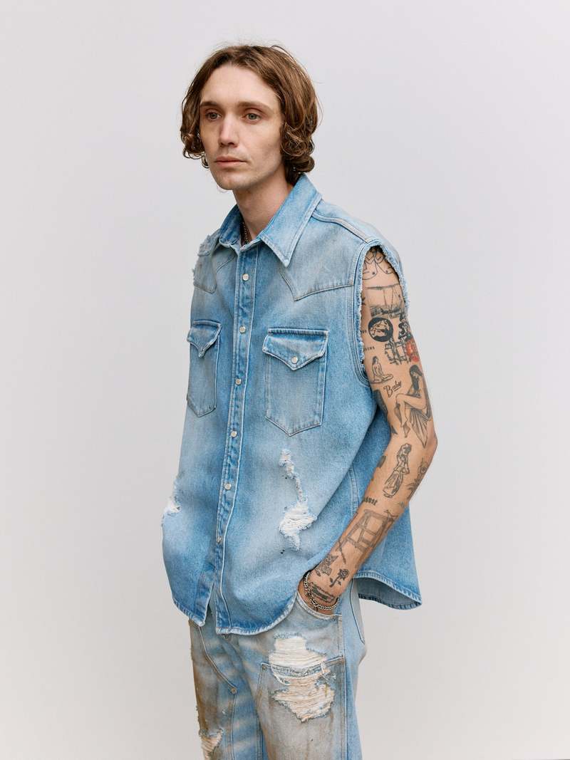 MM6 Maison Margiela Distressed Denim Sleeveless Shirt - Blue