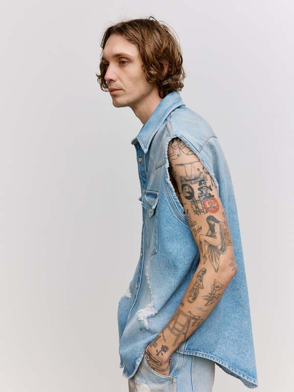 MM6 Maison Margiela Distressed Denim Sleeveless Shirt - Blue
