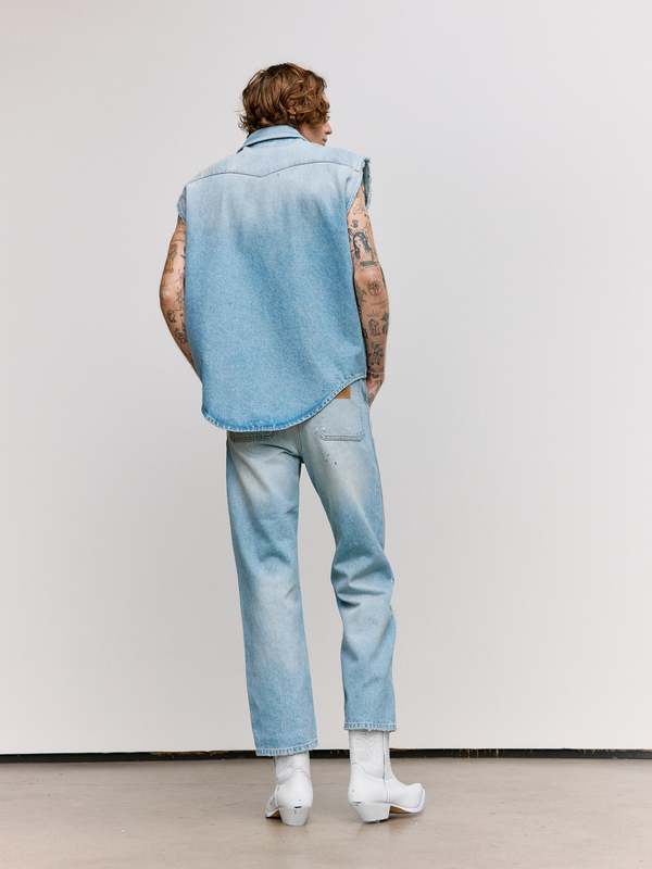 Tシャツ・カットソー MM6 MAISON MARGIELA SLEEVELESS DENIM SHIRT MM6 Maison Margiela Sleeveless Distressed Denim Shirt Blue