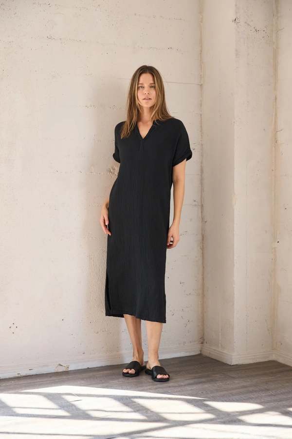 It Is Well L.A. Short Sleeve Mandarin Gauze Dress - Black