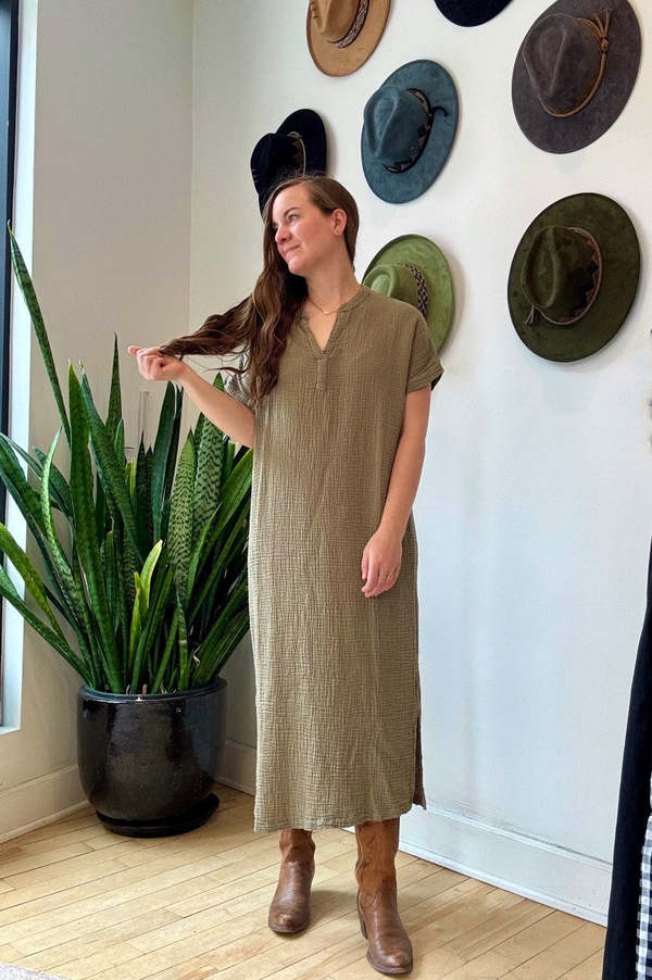 It Is Well L.A. Short Sleeve Mandarin Gauze Dress - Olive
