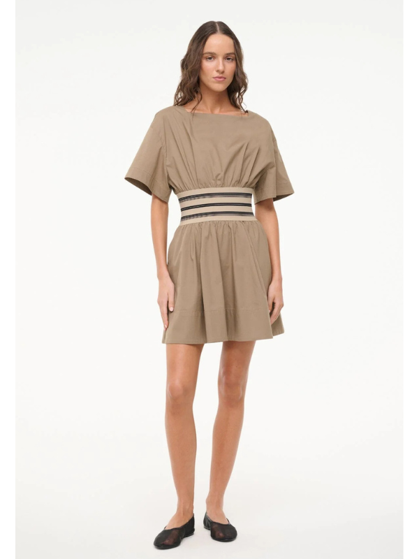 staud amy mini dress Staud Amy Denim-Paneled Cotton Poplin Mini Dress In Navy - 60% Off
