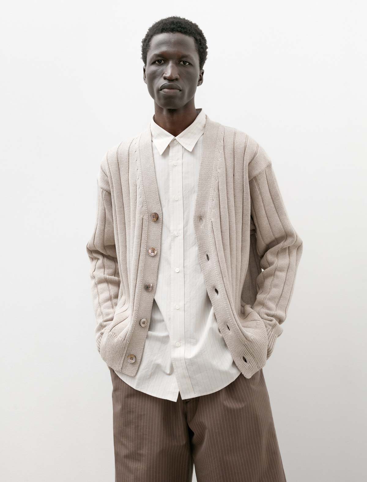 Ernie Palo　Linen Rib Cardigan Wide-Rib-Knit-Cardigan-Beige-