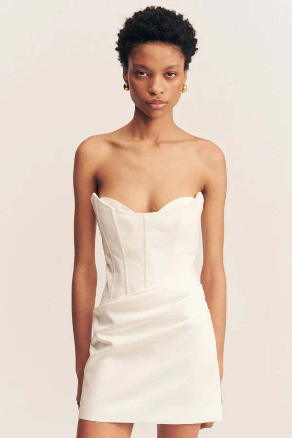 knee length dresses for ladies Semi-Sheer Embellished Draped Corset Mini Dress in White