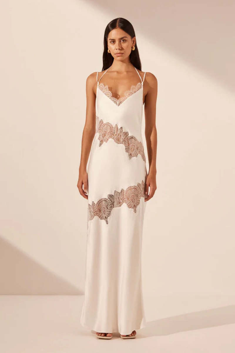 white and green lace dress Baltic Born Womens Bianca Lace Maxi Dress | Emerald main image 0