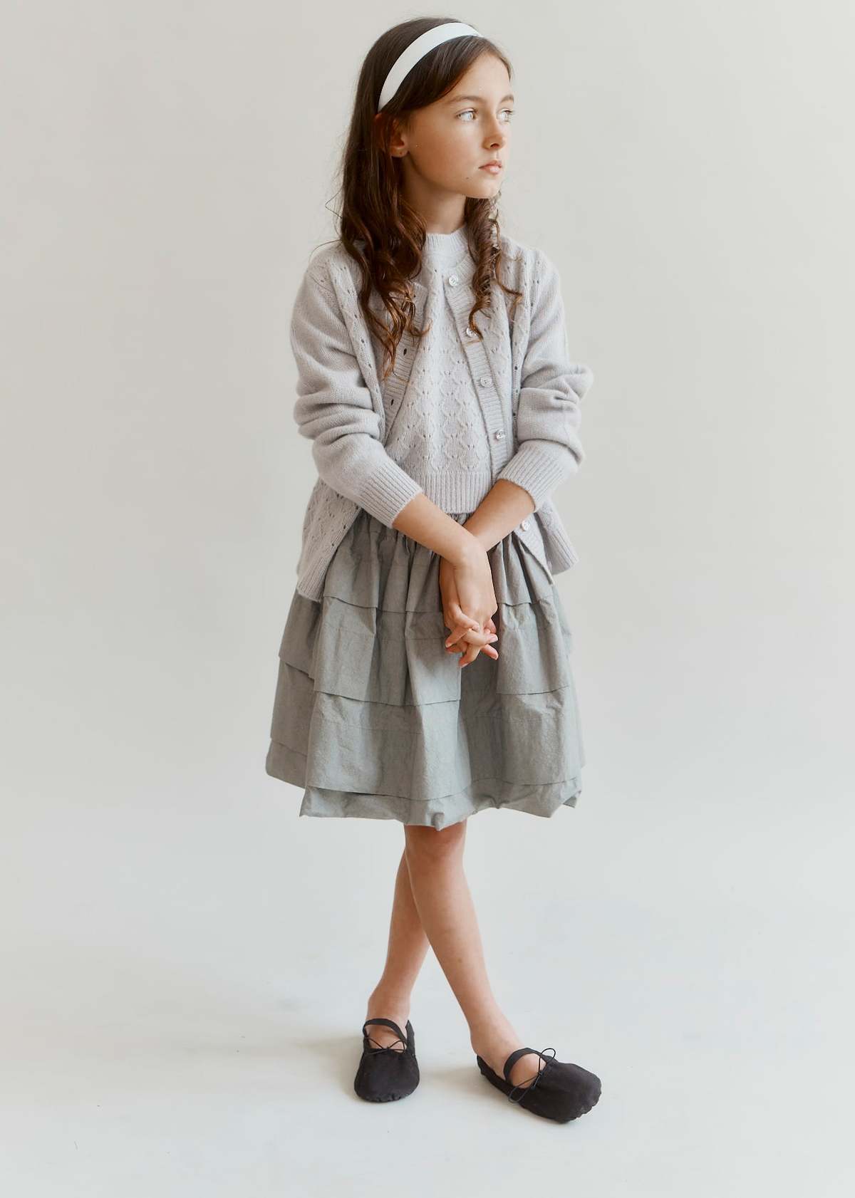 Caramel Anais Girl's Crushed Japanese Cotton Skirt - Grey / Green - Image 3 of 4
