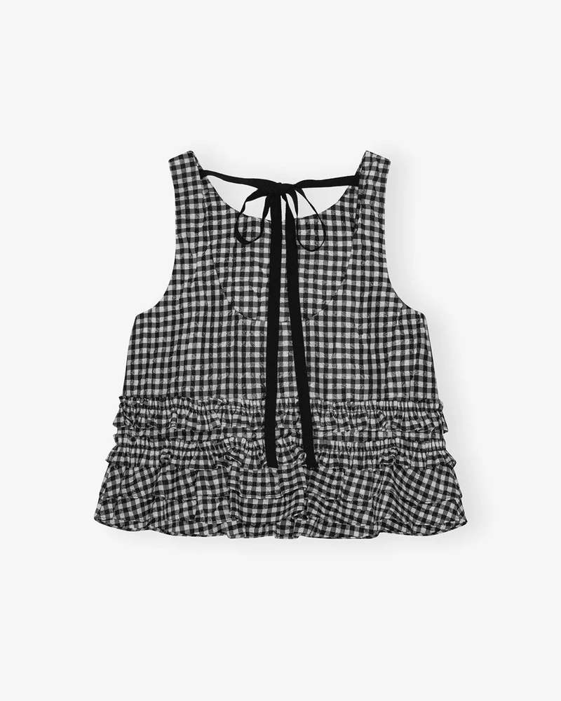 Ganni Crinkled Taffeta Check Open Back Frill Top - Black
