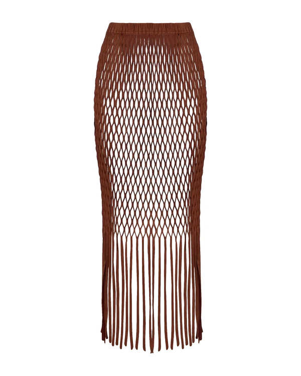 Kai Collective Yumi Faux Suede Laser Cut Skirt - Brown | Garmentory