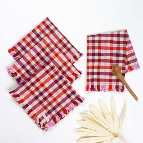 Archive New York Noel Plaid Party Napkin - Red Currant/Cranberry/Light Pink