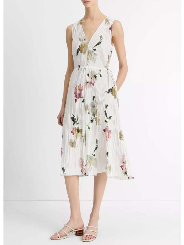 VINCE Wilted Peony Pleated Dress