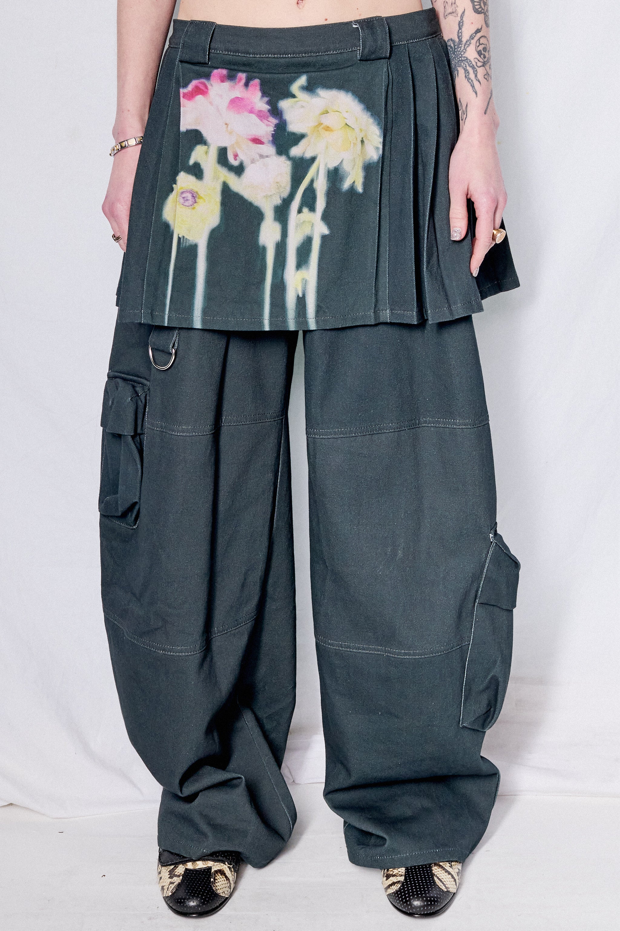 Collina Strada Black Flower Drip Lawn Skirt Cargo Pant