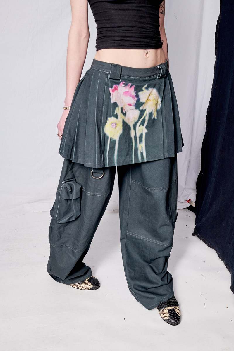 Collina Strada Black Flower Drip Lawn Skirt Cargo Pant