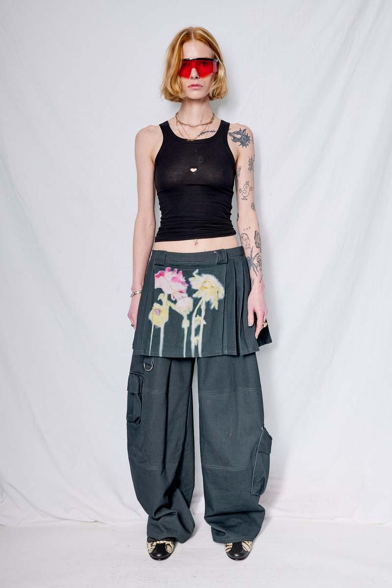 Collina Strada Black Flower Drip Lawn Skirt Cargo Pant