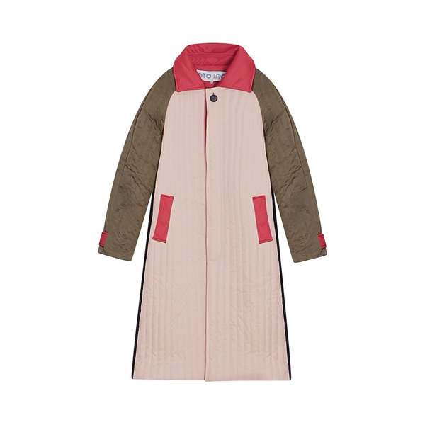 London Atelier Byproduct Patchwork Color Block Quilt Long Jacket - Beige/Khaki