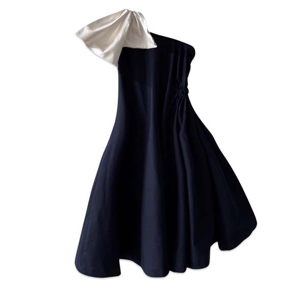 London Atelier Byproduct Navy Cloche Dress with One Shoulder White Bow