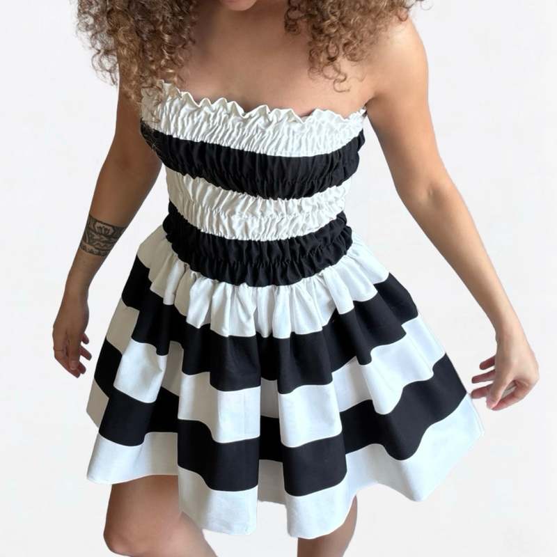 London Atelier Byproduct Wide Stripes Smocked Mini Strapless Dress