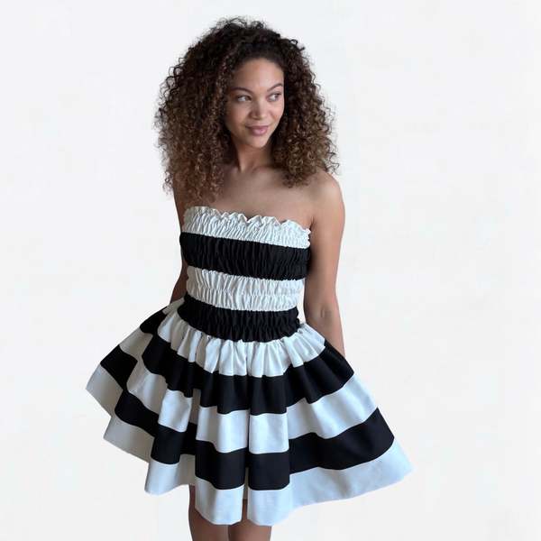 London Atelier Byproduct Wide Stripes Smocked Mini Strapless Dress