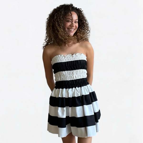 London Atelier Byproduct Wide Stripes Smocked Mini Strapless Dress