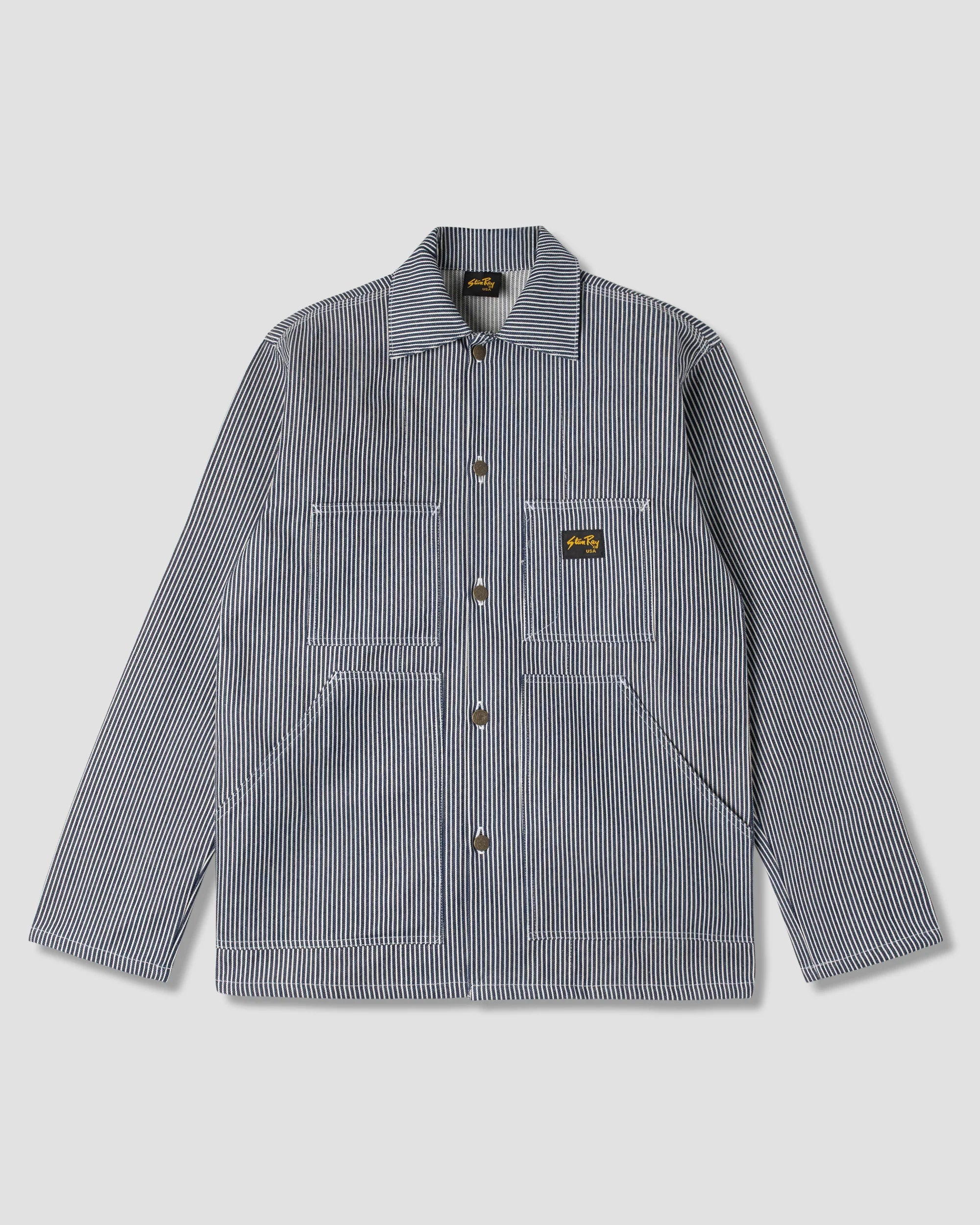 美品✨45R インディゴ抜染 ストライプ スタンドカラー ジャケット ヒッコリー Stan Ray Hickory Stripe Shop Jacket | Garmentory
