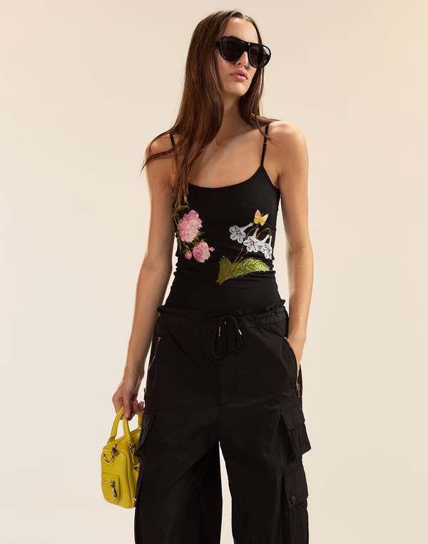 Cynthia Rowley Wildflower Embroidered Shell Top - Black