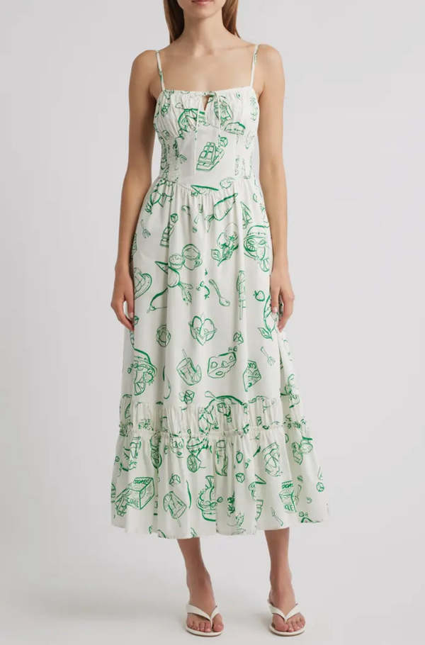 Moon River Doodle Line Print Smocked Waist Midi Dress MR9245 - Green Multi  on Garmentory