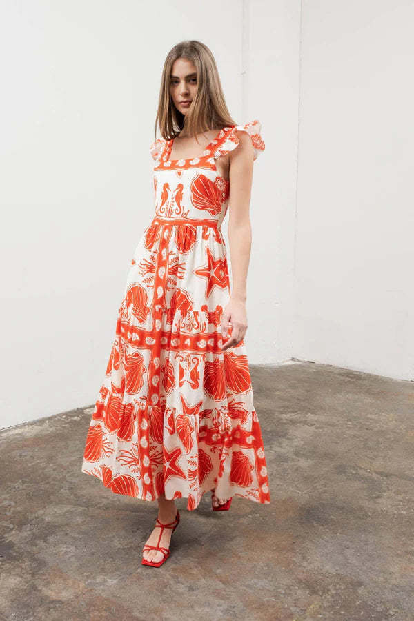 Moon River Ruffle Sleeve Tiered Midi Dress MR9185 Dress - Red Multi |  Garmentory