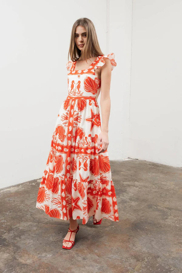 moon river orange dress Moon River Ruffle Sleeve Tiered Midi Dress MR9185 Dress - Red Multi