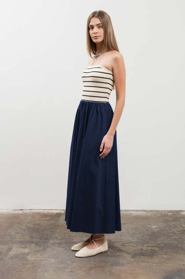 Moon River Stripe Strapless Knit Top Mixed Media Midi Dress MR9239 - Navy  on Garmentory