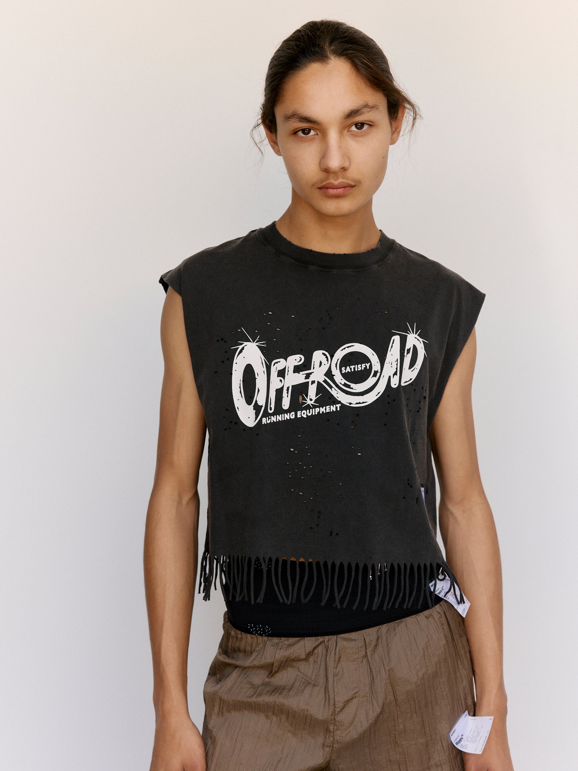 Satisfy MothTech Cropped Fringed Muscle Tee - Aged Black | Garmentory