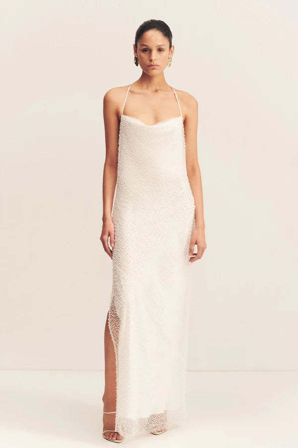 strapless open back dress MERCEDES Cowl Neck Open Back Maxi Dress (Ivory White SC Silk)