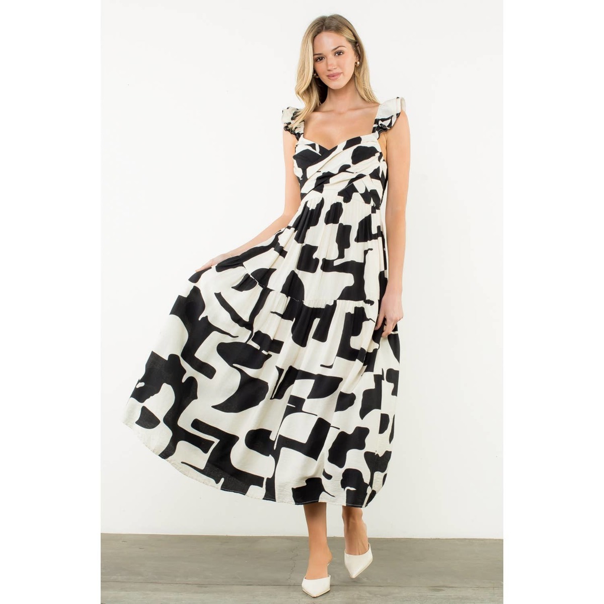 THML Ruffle Strap Abstract Print Maxi Dress - Black | Garmentory