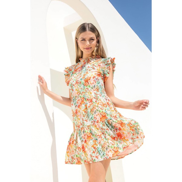 THML Smocked Sleeve Abstract Print Dress - Orange | Garmentory