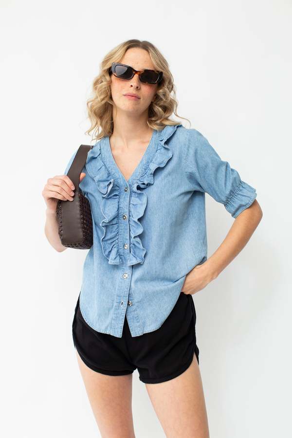 Vintage Ruffled Denim Blouse