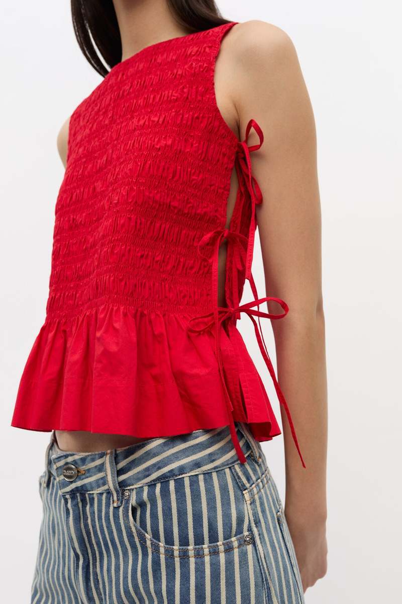 Ganni Cotton Poplin Smock Tie String Top - Racing Red