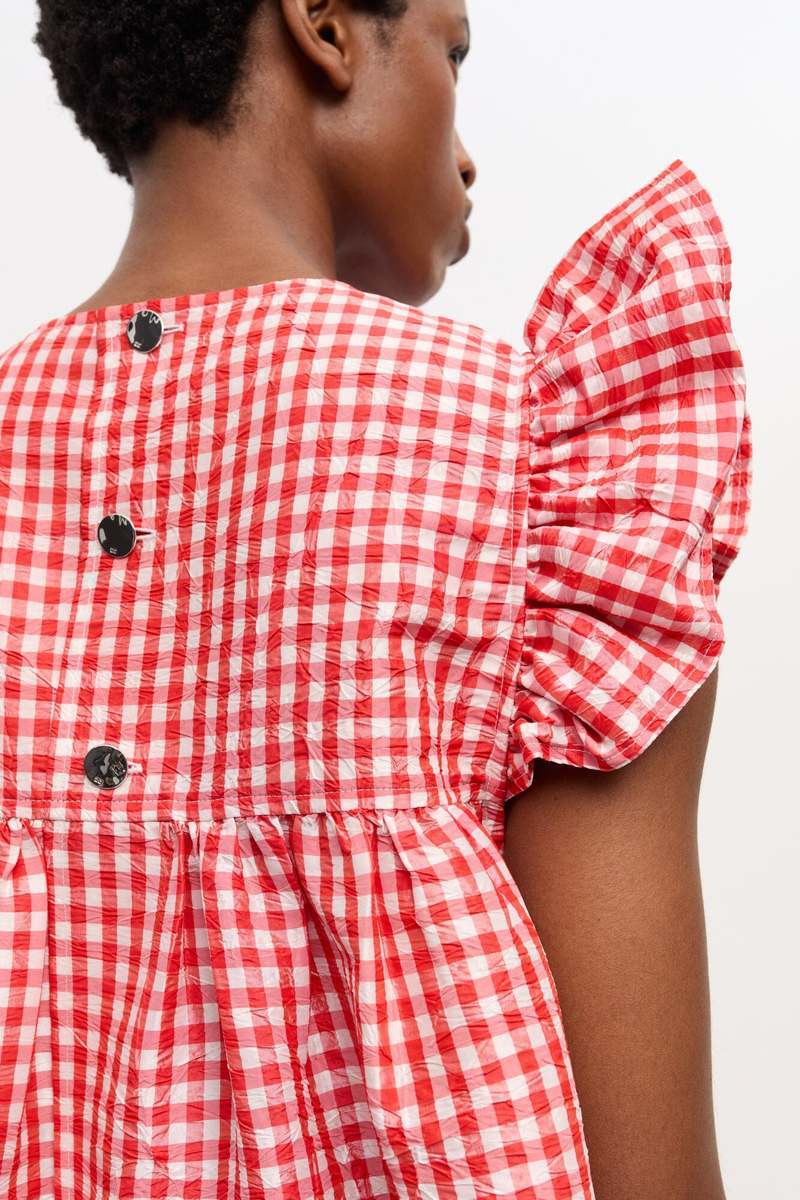 【GANNI】Gingham ruffled minidress（送料込み） GANNI Mini Wrap Dress Ruffled Black & White Gingham Mesh