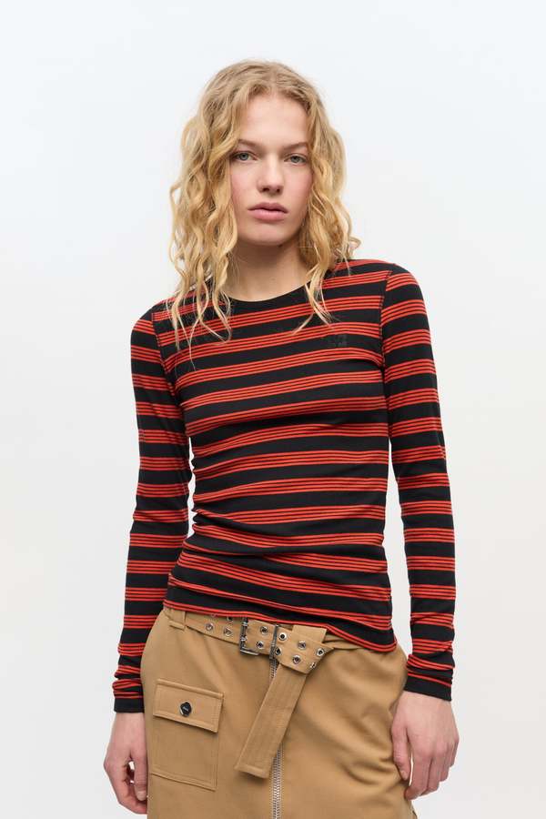 送料関税込 ◆GANNI◆ RIBBED COTTON TOP WITH STRIPED PRINT Ganni Soft Cotton Rib Striped Long Sleeve Top - Red Alert