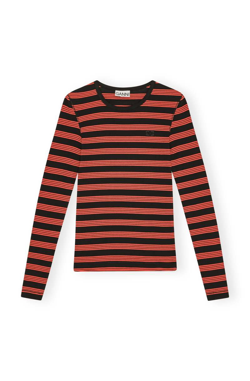 送料関税込 ◆GANNI◆ RIBBED COTTON TOP WITH STRIPED PRINT Multicolour Multicolor Striped Rib T-shirt | GANNI US
