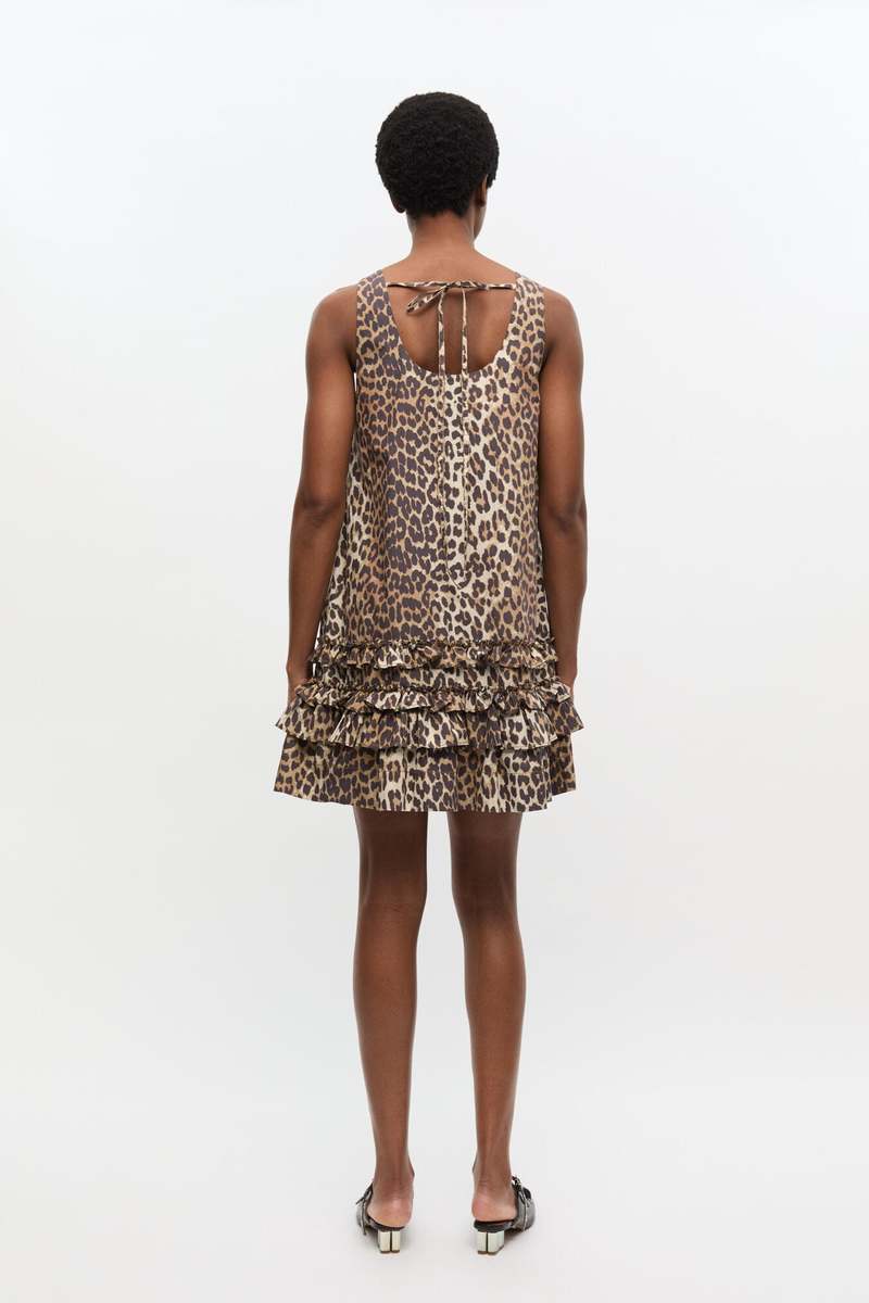 Ganni Printed Cotton Poplin U-Neck Mini Dress - Leopard