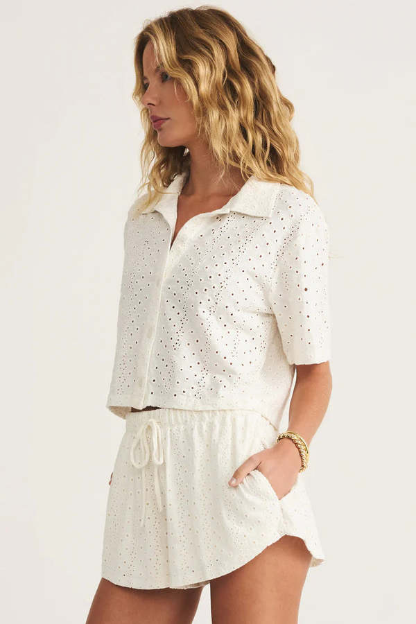 Z Supply Madrid Knit Eyelet Button Up Top - White