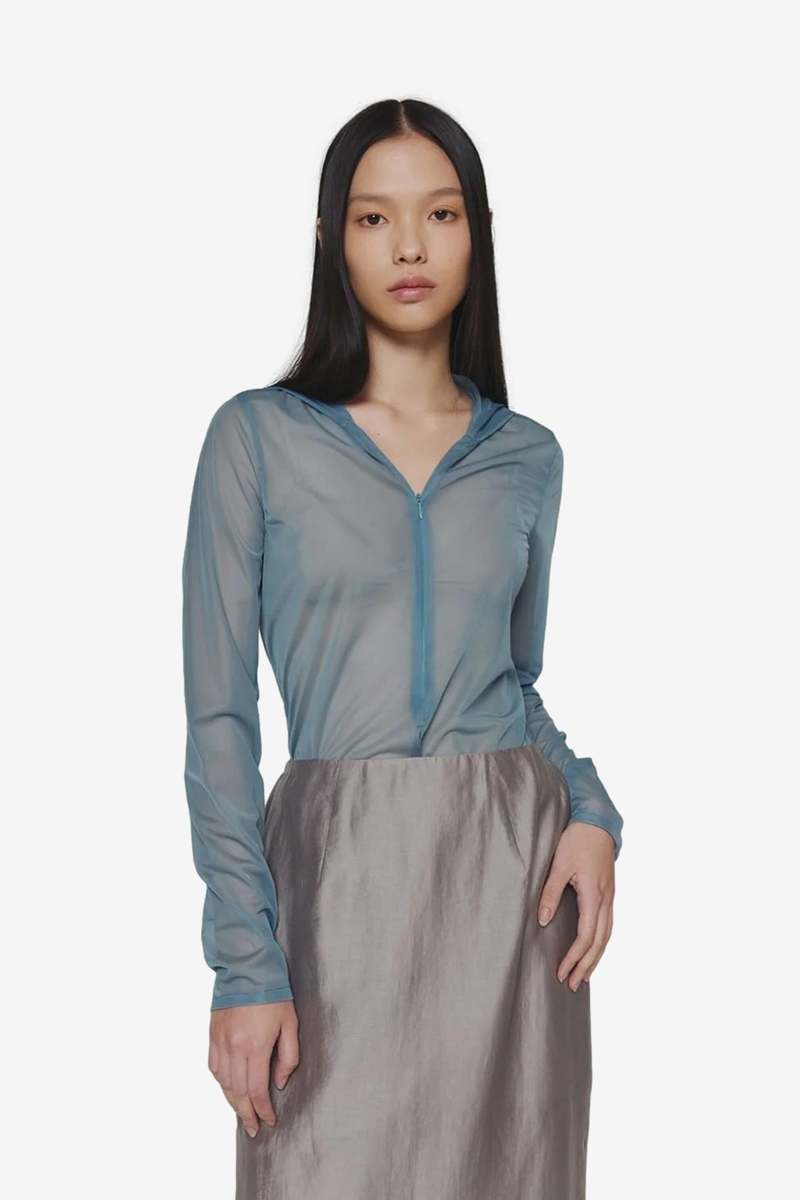 AMOMENTO Sheer Hooded Zip Up Jumper | Garmentory
