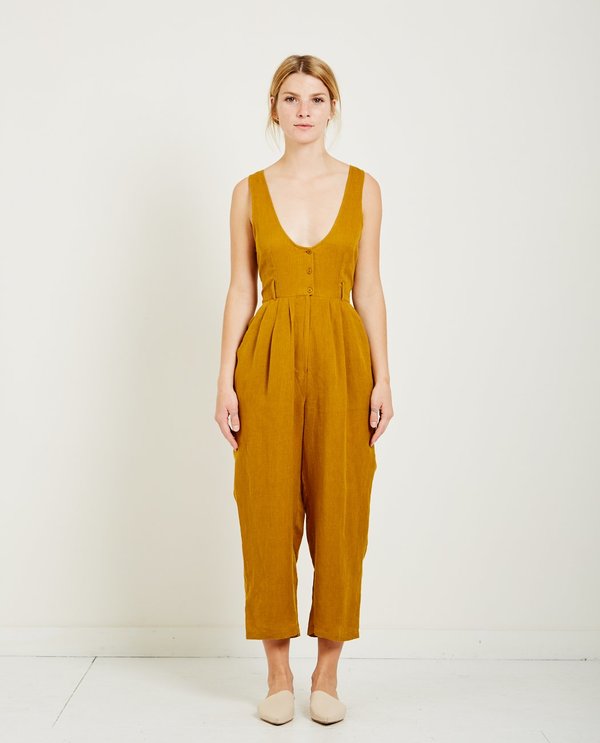 Mes Demoiselles RAPHIA BUTTON FRONT JUMPSUIT - KHAKI