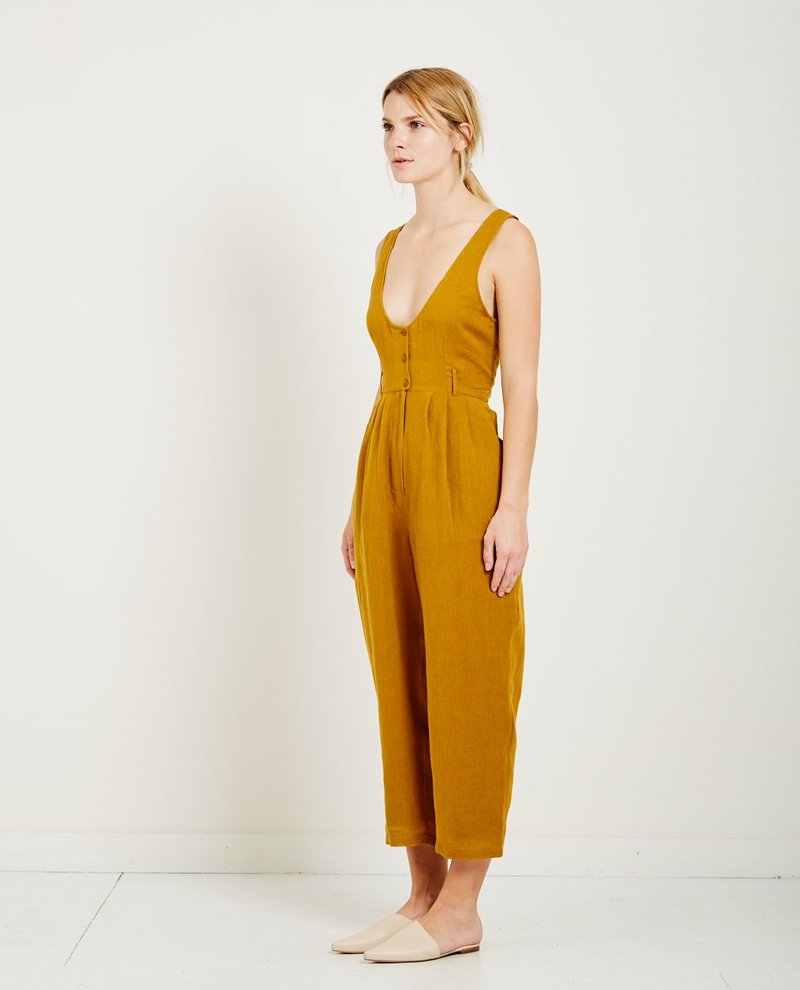 Mes Demoiselles RAPHIA BUTTON FRONT JUMPSUIT - KHAKI