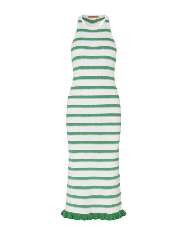 slim fit dress slacks Andreeva Chrysanthemum Green Knit Dress with Pink Feathers Details main image 1