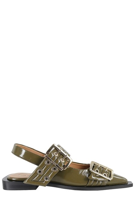 Ganni Olive Green Leather Ballerinas - Olive Green | Garmentory