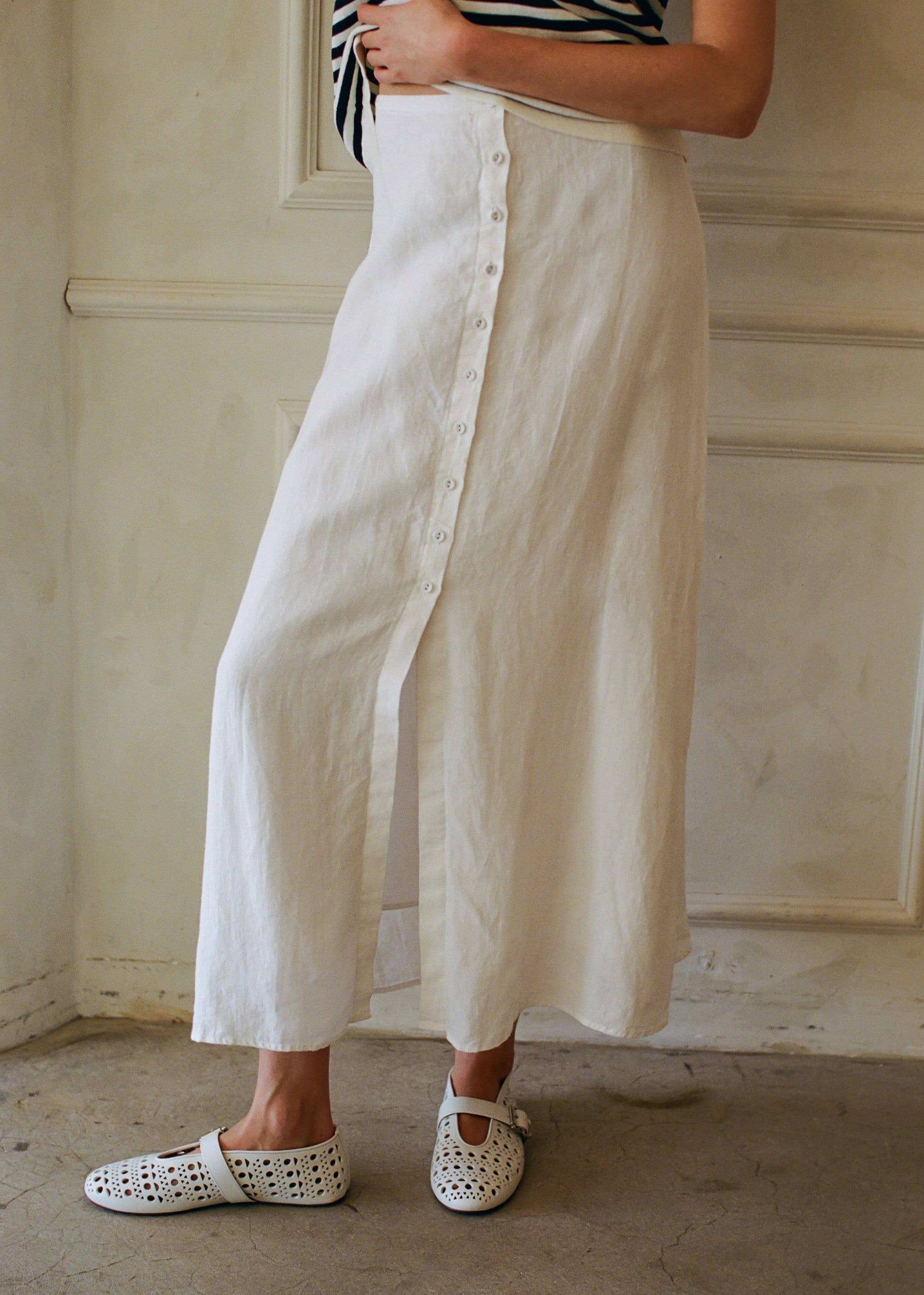 White Button Through Skirt Midi Linen Button Down Midi Skirt Off White