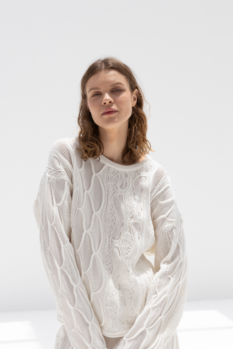 Black Crane Cable Summer Knit Top - Ivory