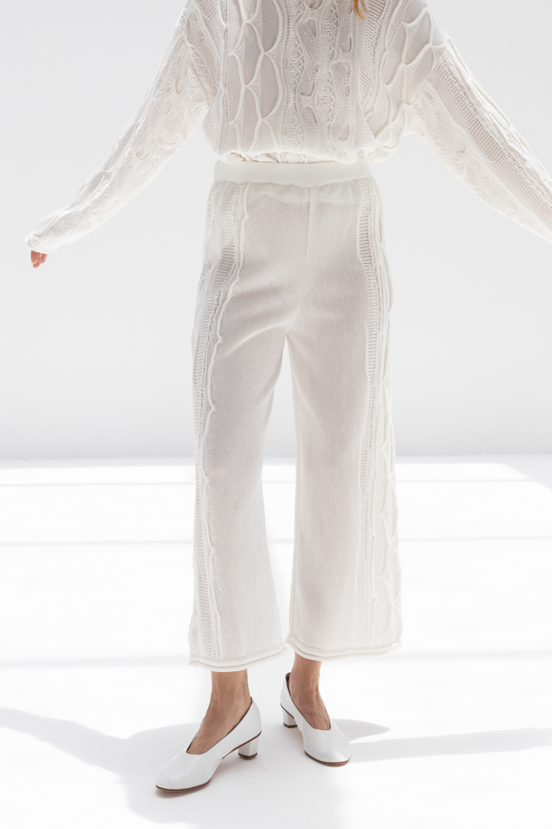 Black Crane Cable Knit Pants - Ivory
