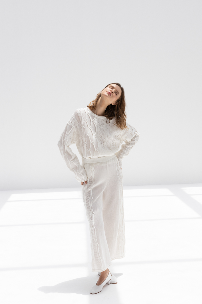 Black Crane Cable Knit Pants - Ivory