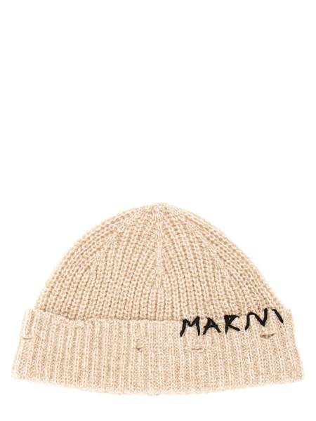 【関税＆送料込み】Beanie Hat With \"Marni Mending\" Embroide Oat Shetland wool beanie with Marni Mending | Marni