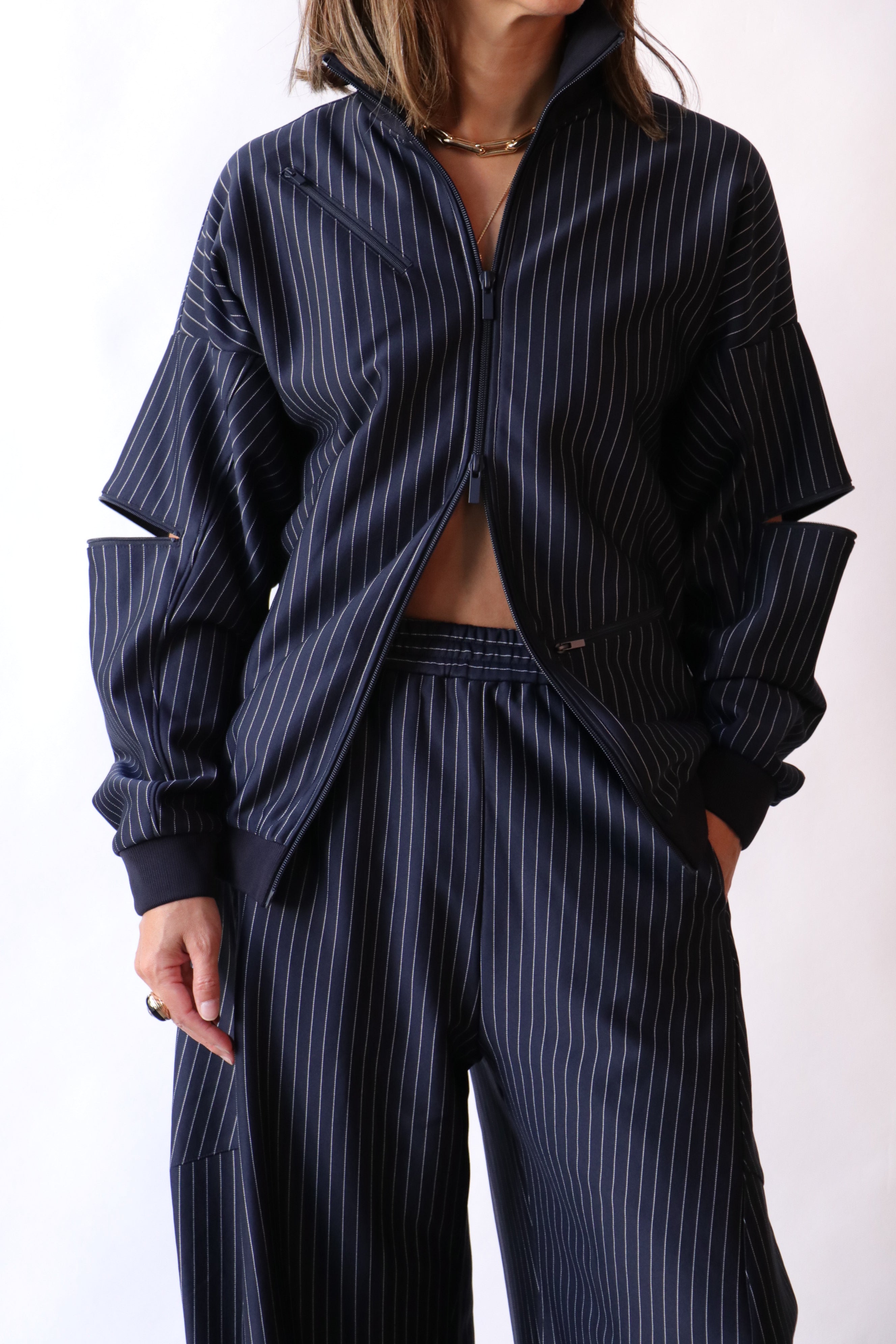 Tibi Pinstripe Active Knit Zipper Detailed Track Jacket | Garmentory
